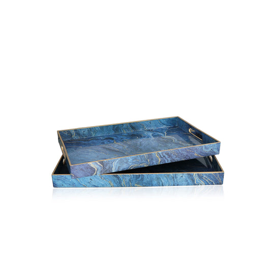 Set of 2 Blue marble effect trays