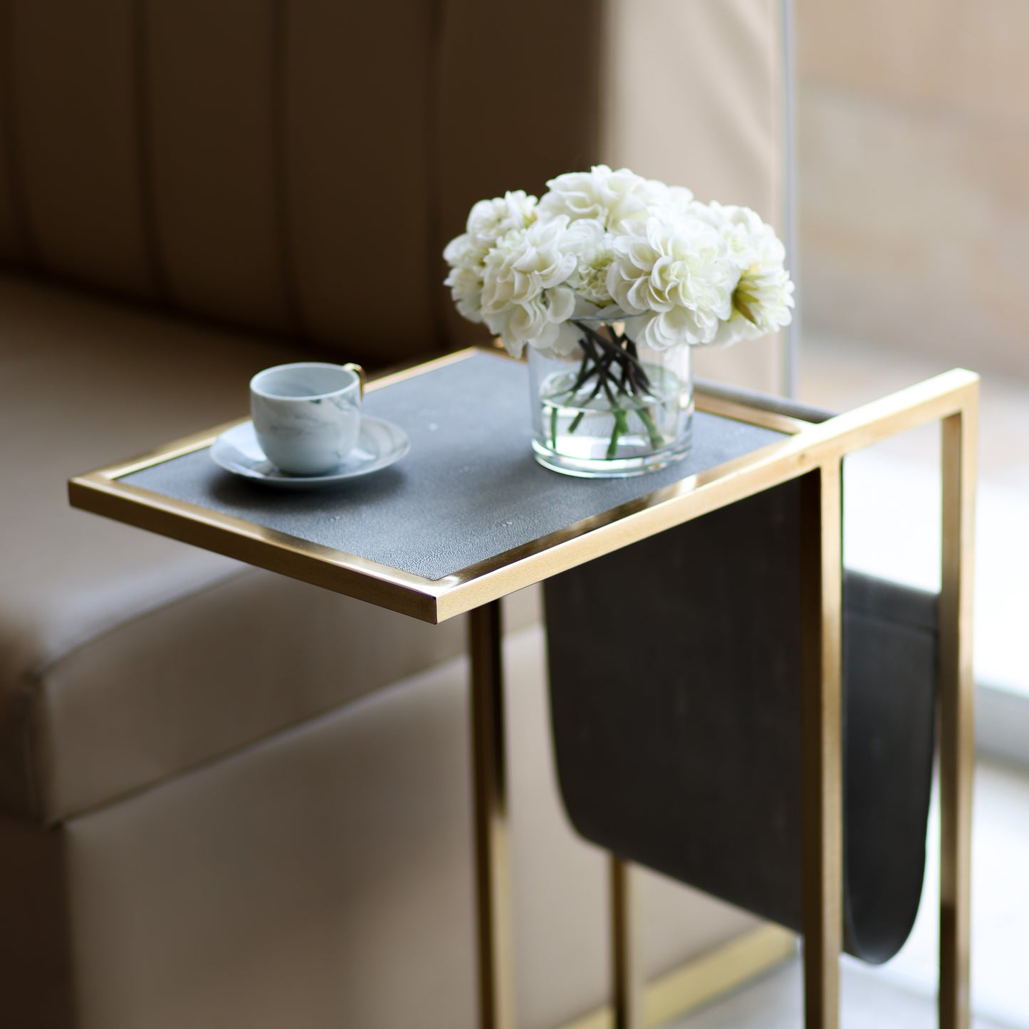 Faux shagreen side table with magazine rack