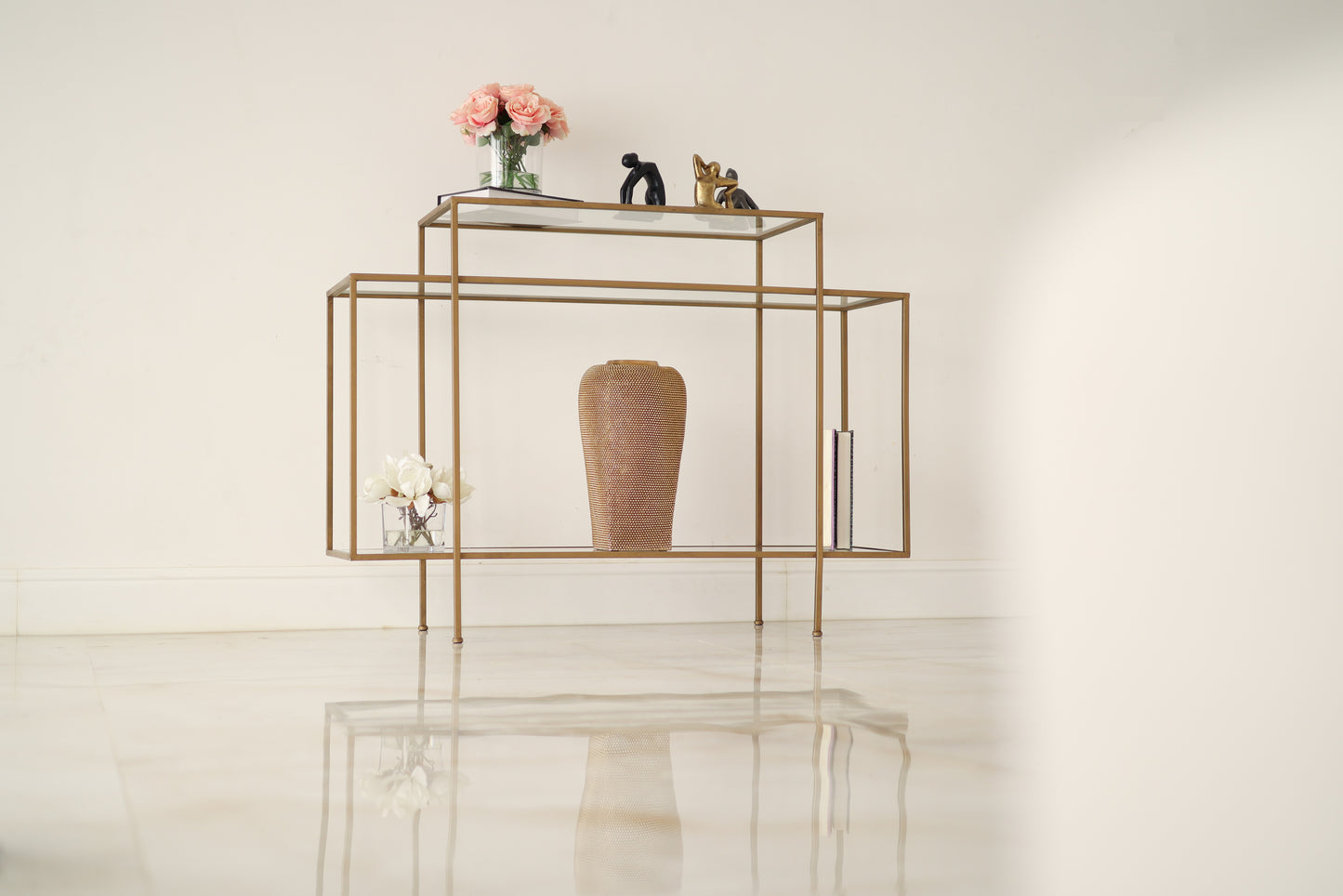 Glass tiered geometric console table