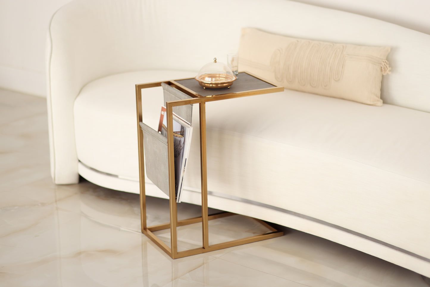 Faux shagreen side table with magazine rack