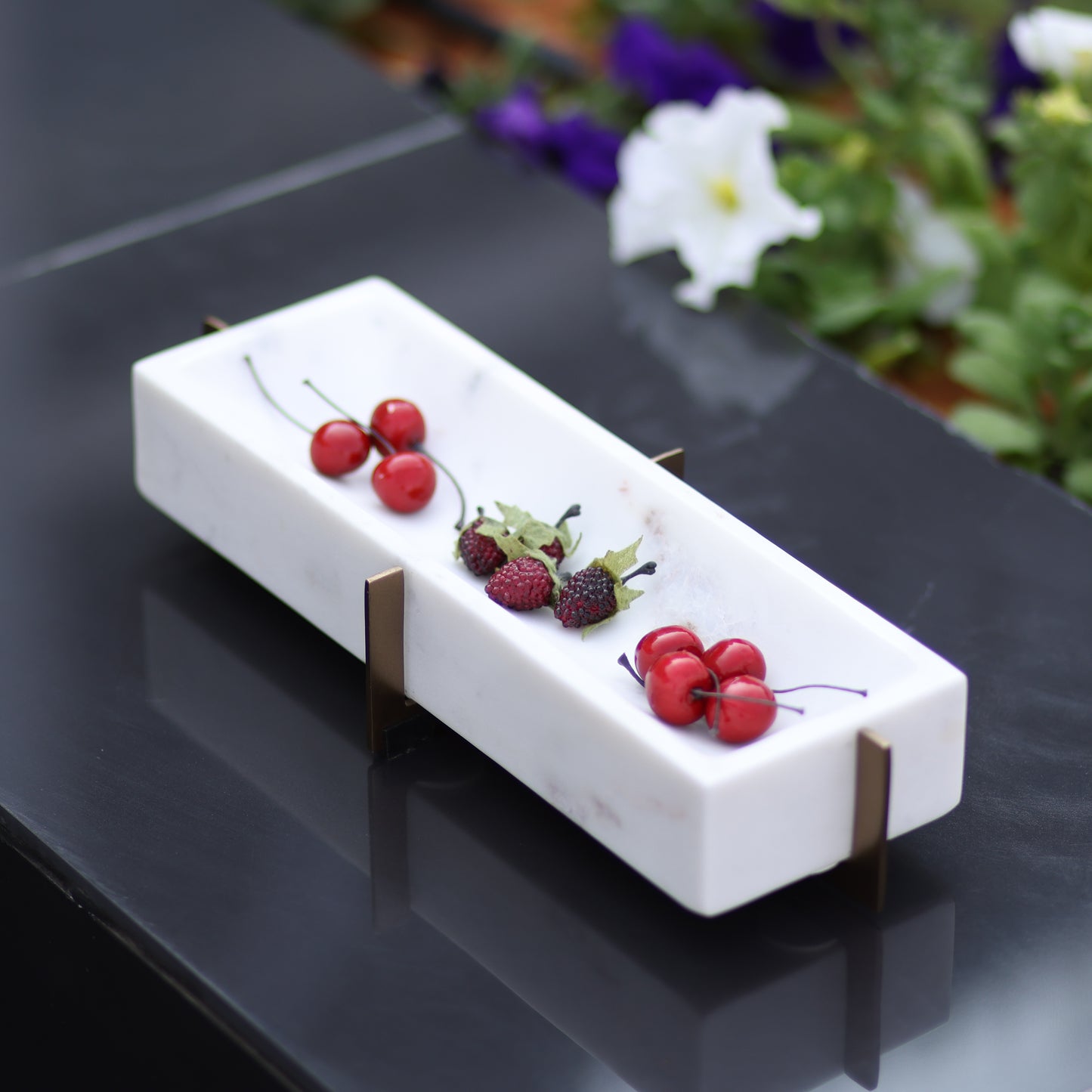 White Marble Rectangular Tray with Gold Stand