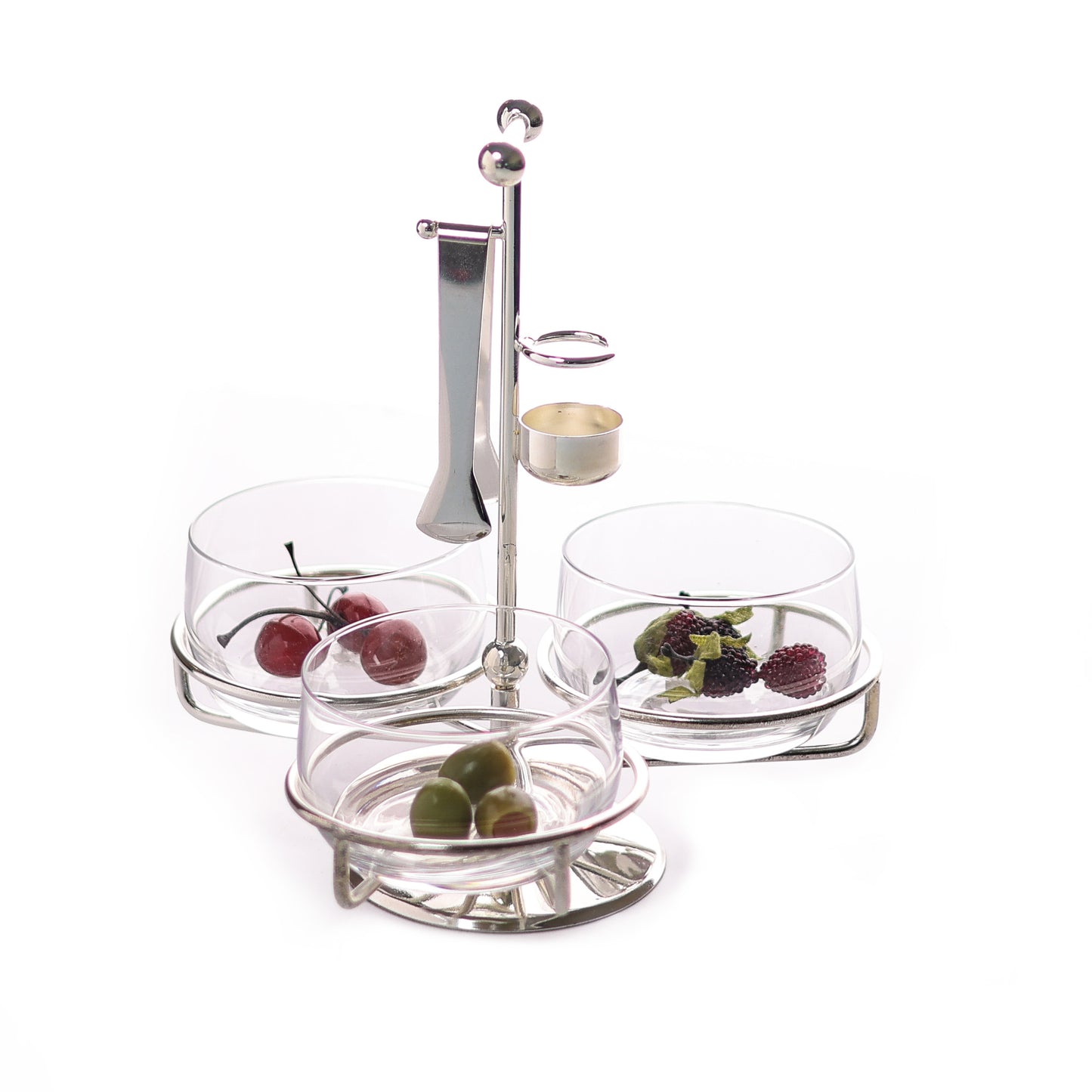 Silver stand with three glass plates with tongs