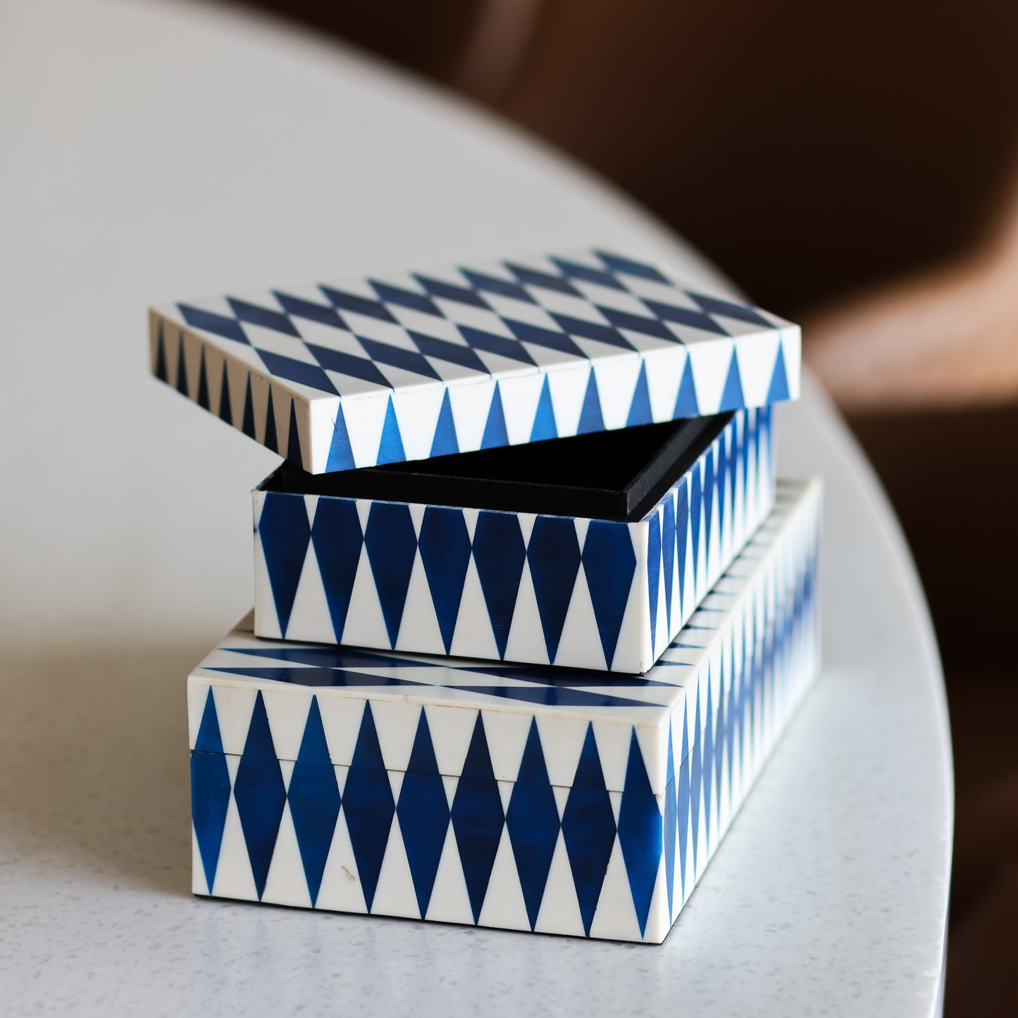 Set of 2 Blue and White Covered Box