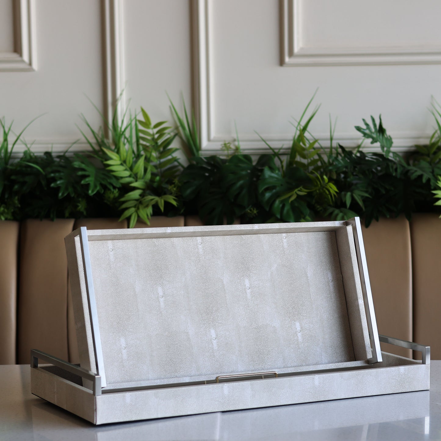 Set of 2 Silver Gray Faux Shagreen Tray