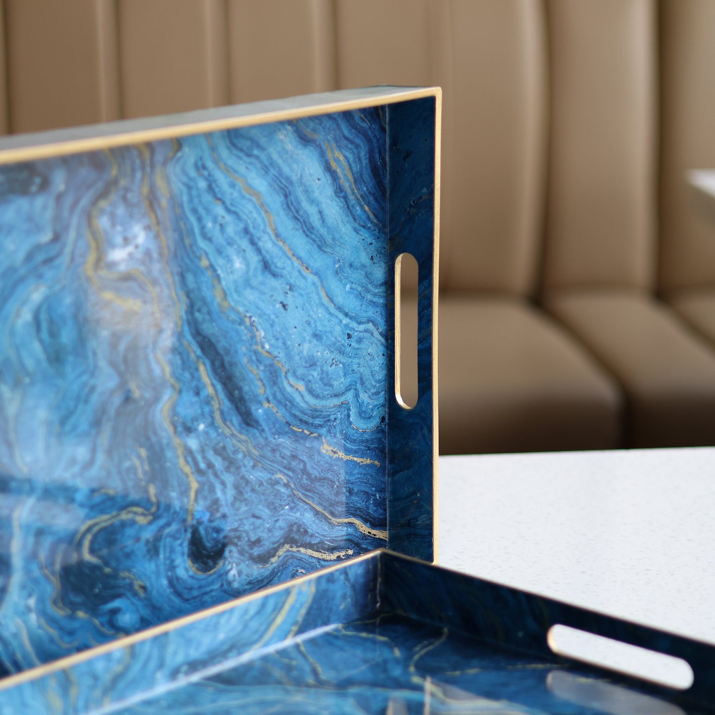 Set of 2 Blue marble effect trays