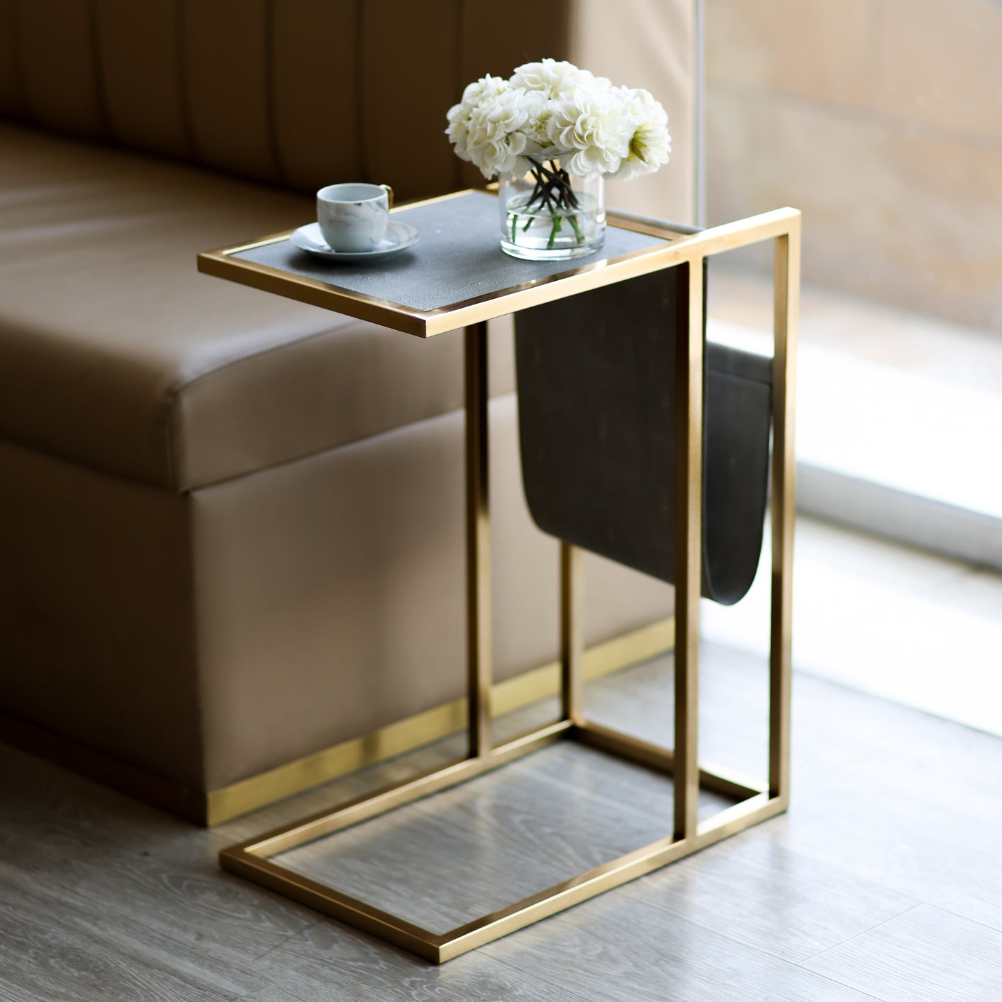 Faux shagreen side table with magazine rack