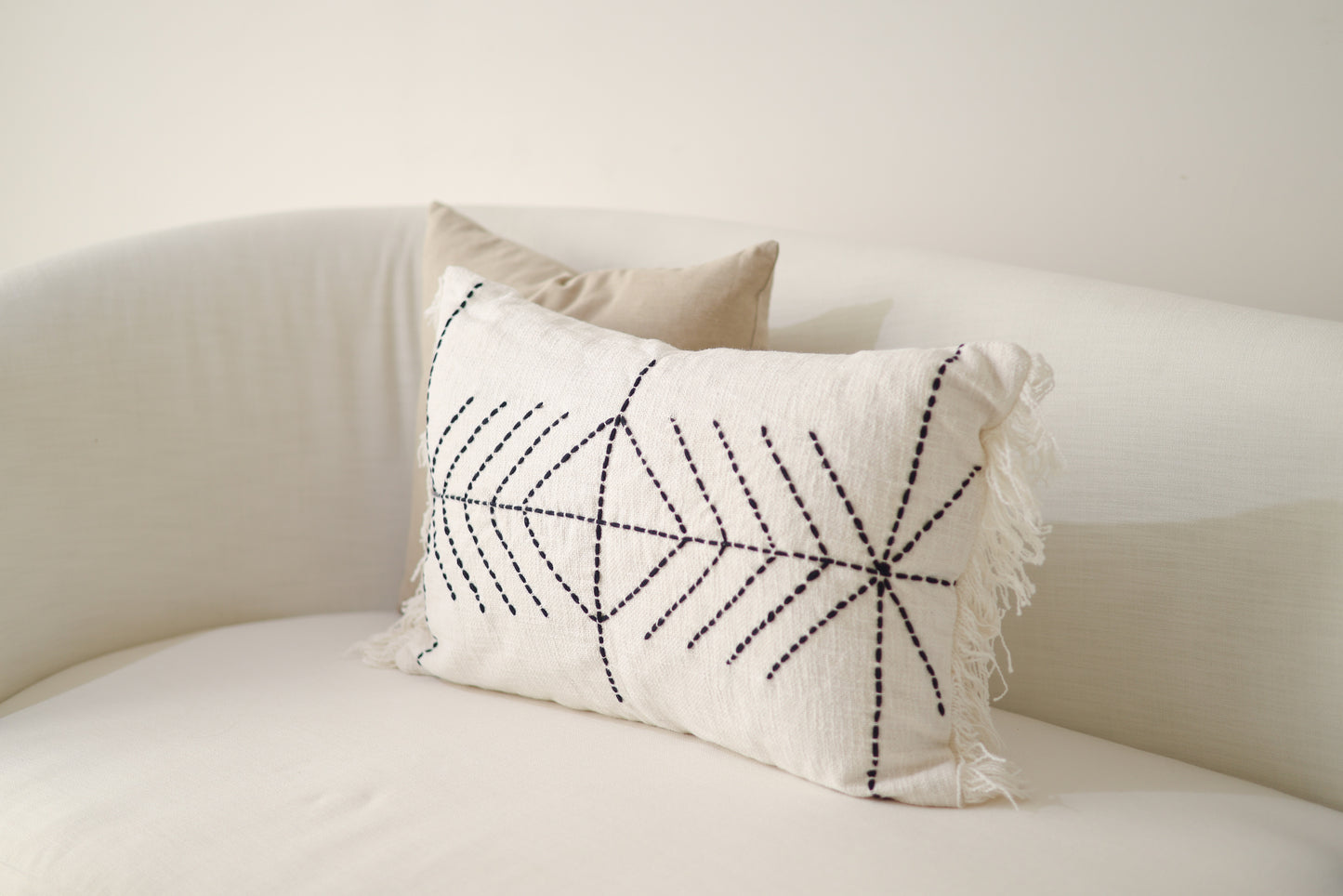 Stitched diamond cotton cushion cover with fringe