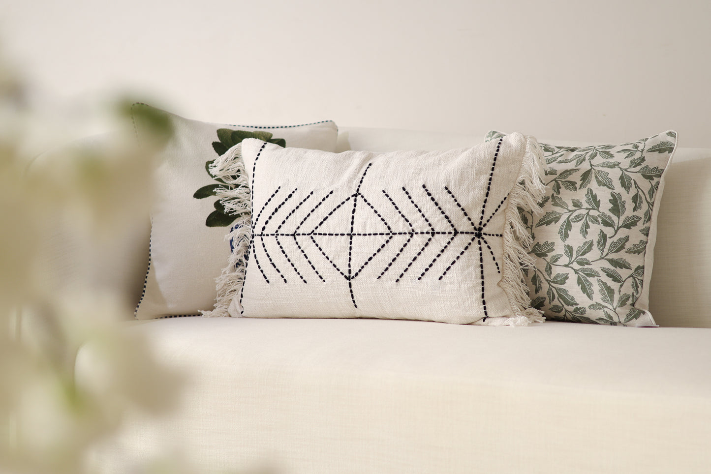 Stitched diamond cotton cushion cover with fringe