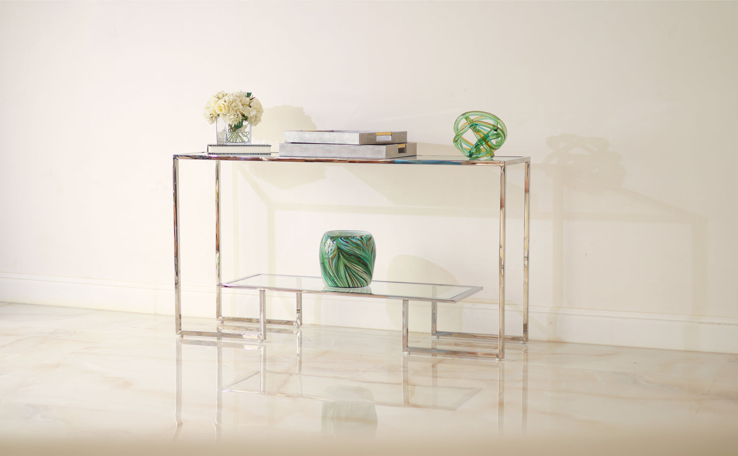 Steel console table with glass shelf