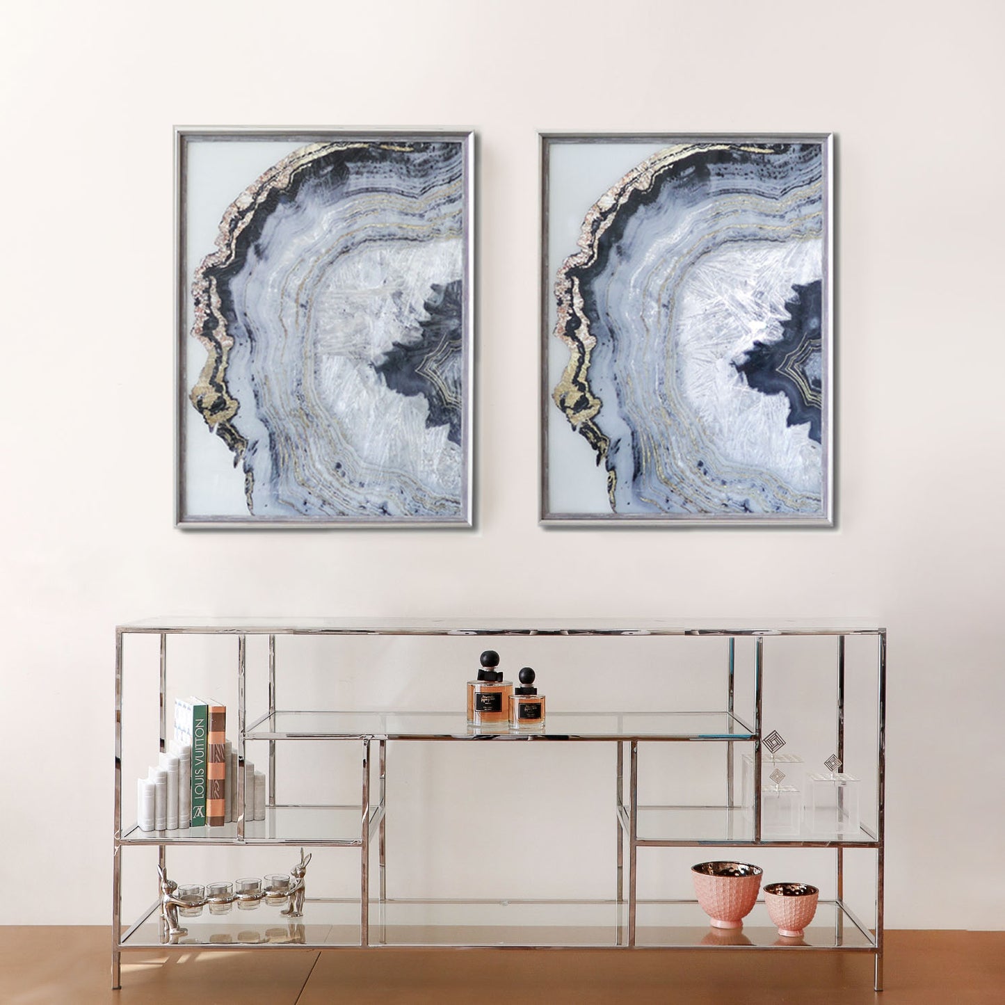 Set of 2 Gray Black White Agate Wall Art