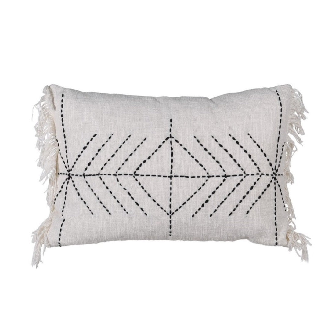 Stitched diamond cotton cushion cover with fringe